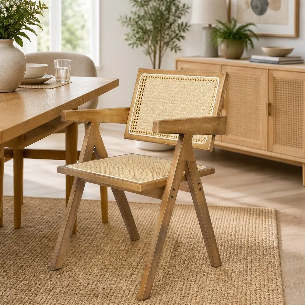 Dining Chair Set 8x Solid Wood Rattan Weave Natural Armrest Kitchen Furniture