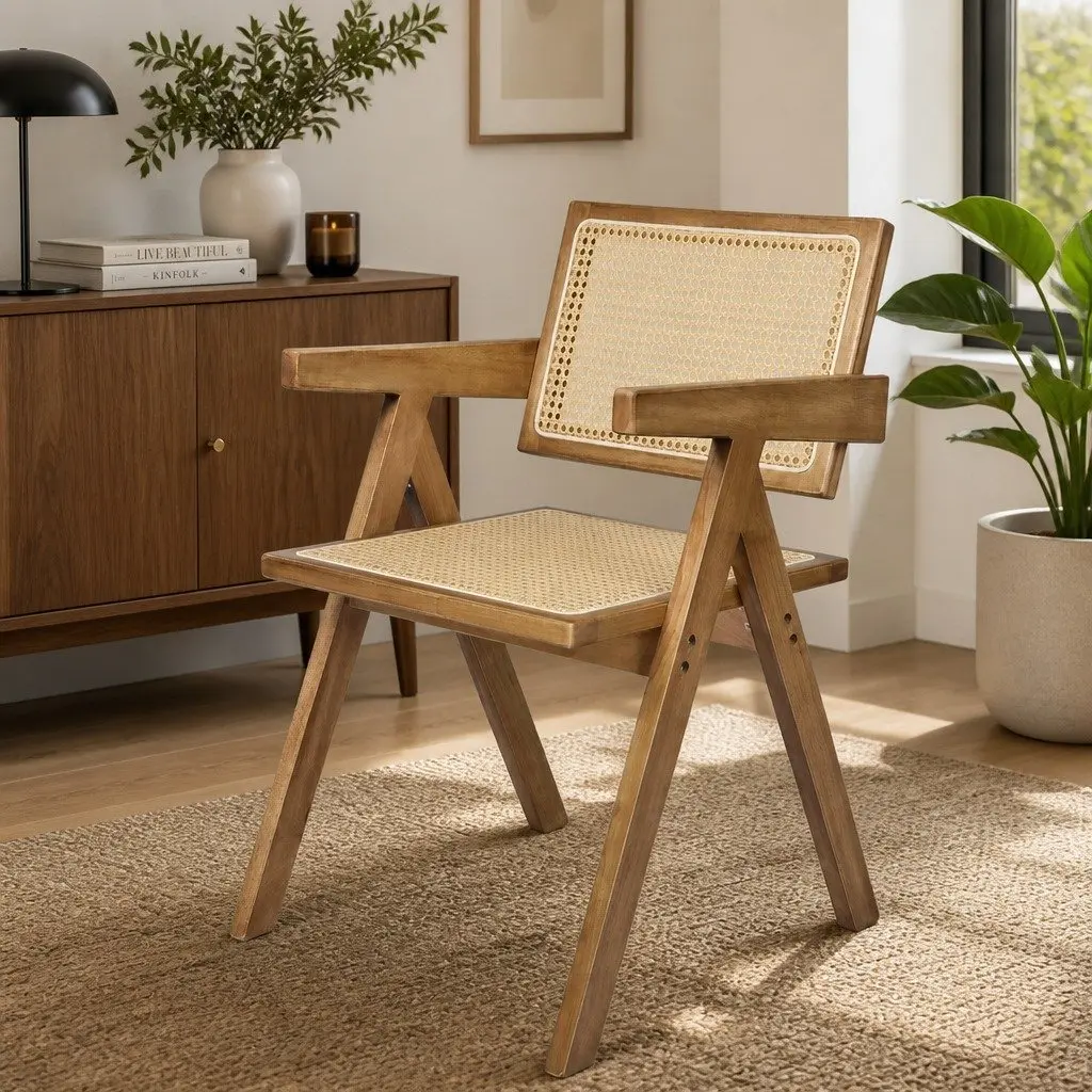 Dining Chair Rattan Weave Solid Wood Natural Set of 2 Comfortable Seat