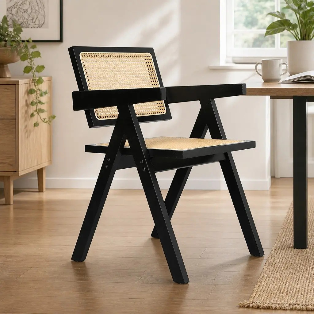 Wicker Armchair Black Set of 6 Rubber Wood Frame Rattan Backrest Double Layer Elastic Seat Cushion