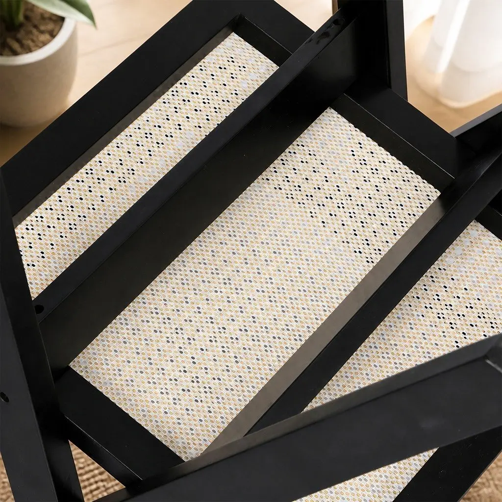 Wicker Armchair Black Set of 6 Rubber Wood Frame Rattan Backrest Double Layer Elastic Seat Cushion