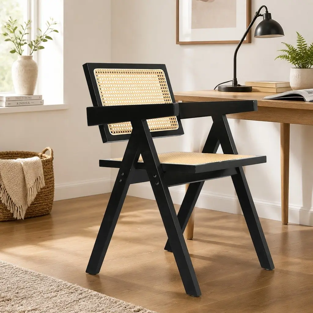 Wicker Armchair Black Set of 8 Dining Chairs with Rattan Backrest and Double Layer Elastic Seat Cushion