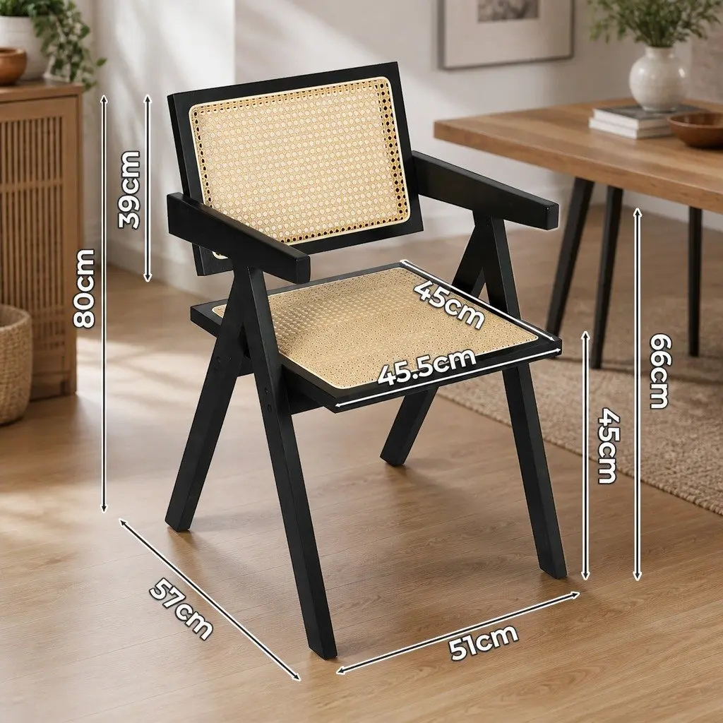 Wicker Armchair Black Set of 8 Dining Chairs with Rattan Backrest and Double Layer Elastic Seat Cushion