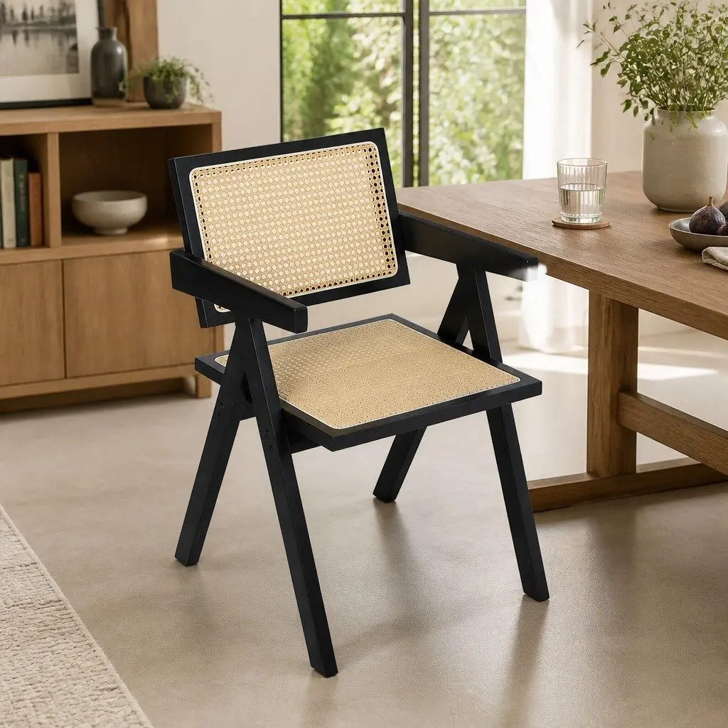 Wicker Armchair Rattan Dining Chair with Armrest Wooden Frame Indoor Furniture