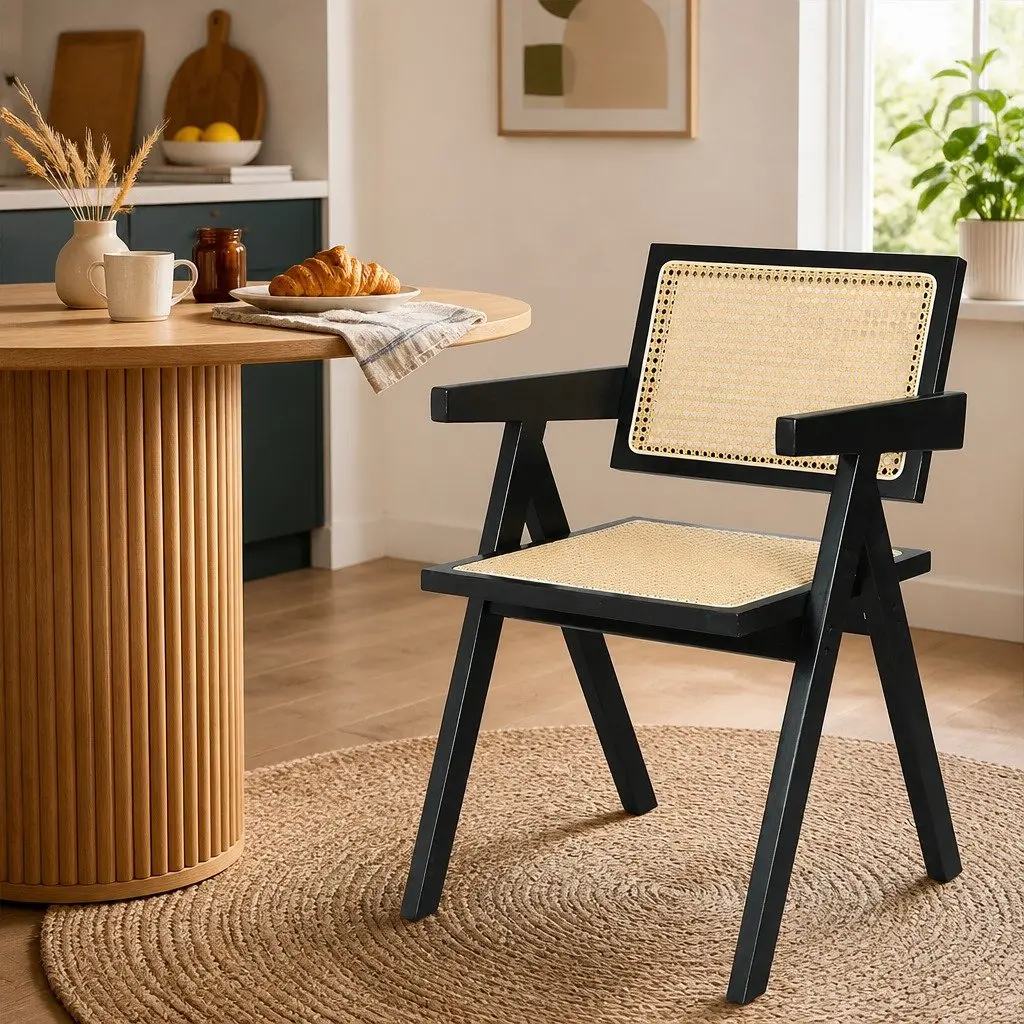 Wicker Armchair Rattan Dining Chair with Armrest Wooden Frame Indoor Furniture