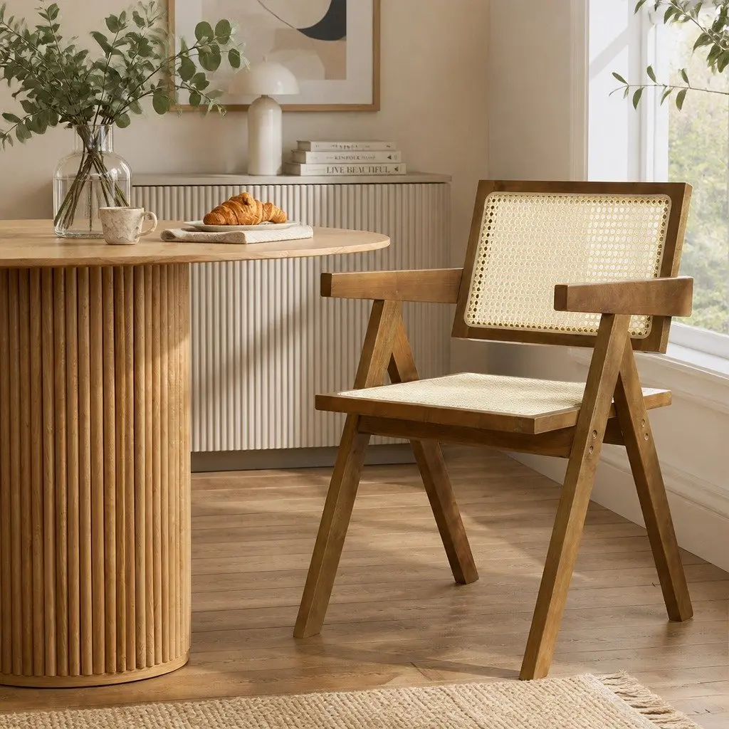 Dining Chair Armchair Wooden Rattan Seat Walnut Natural Black Indoor Furniture
