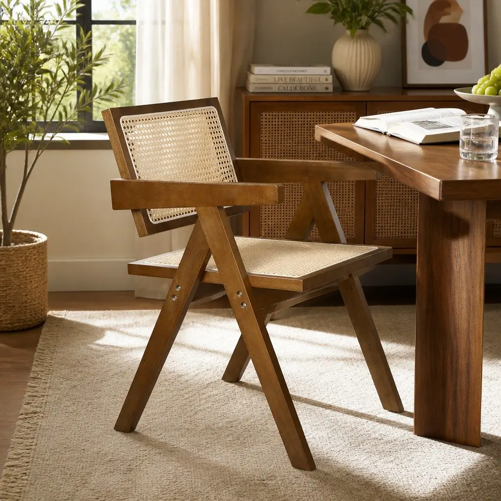 Wicker Armchair Dining Chair Rattan Walnut Wooden Seat Cushion Modern Home
