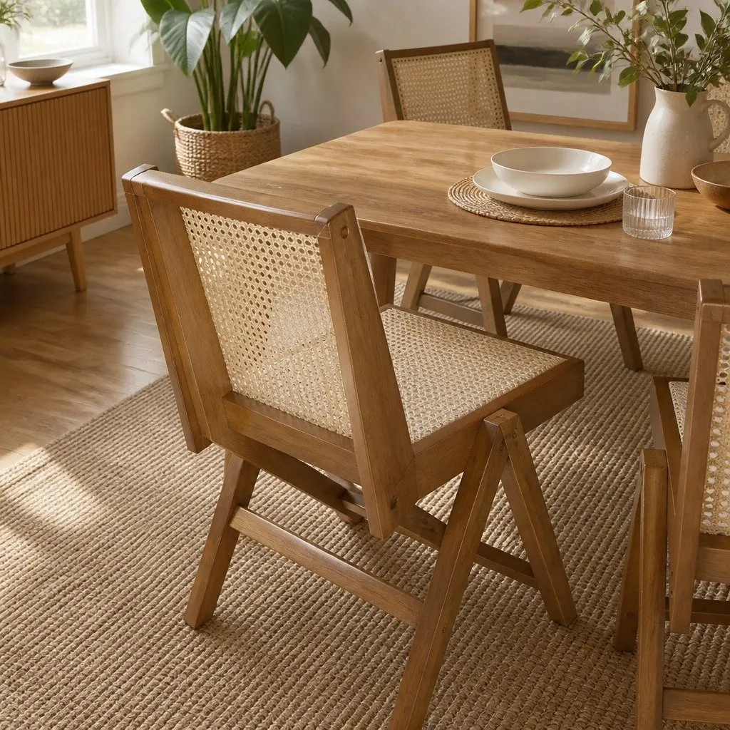 Wicker Armchair Dining Chair Rattan Walnut Wooden Seat Cushion Modern Home