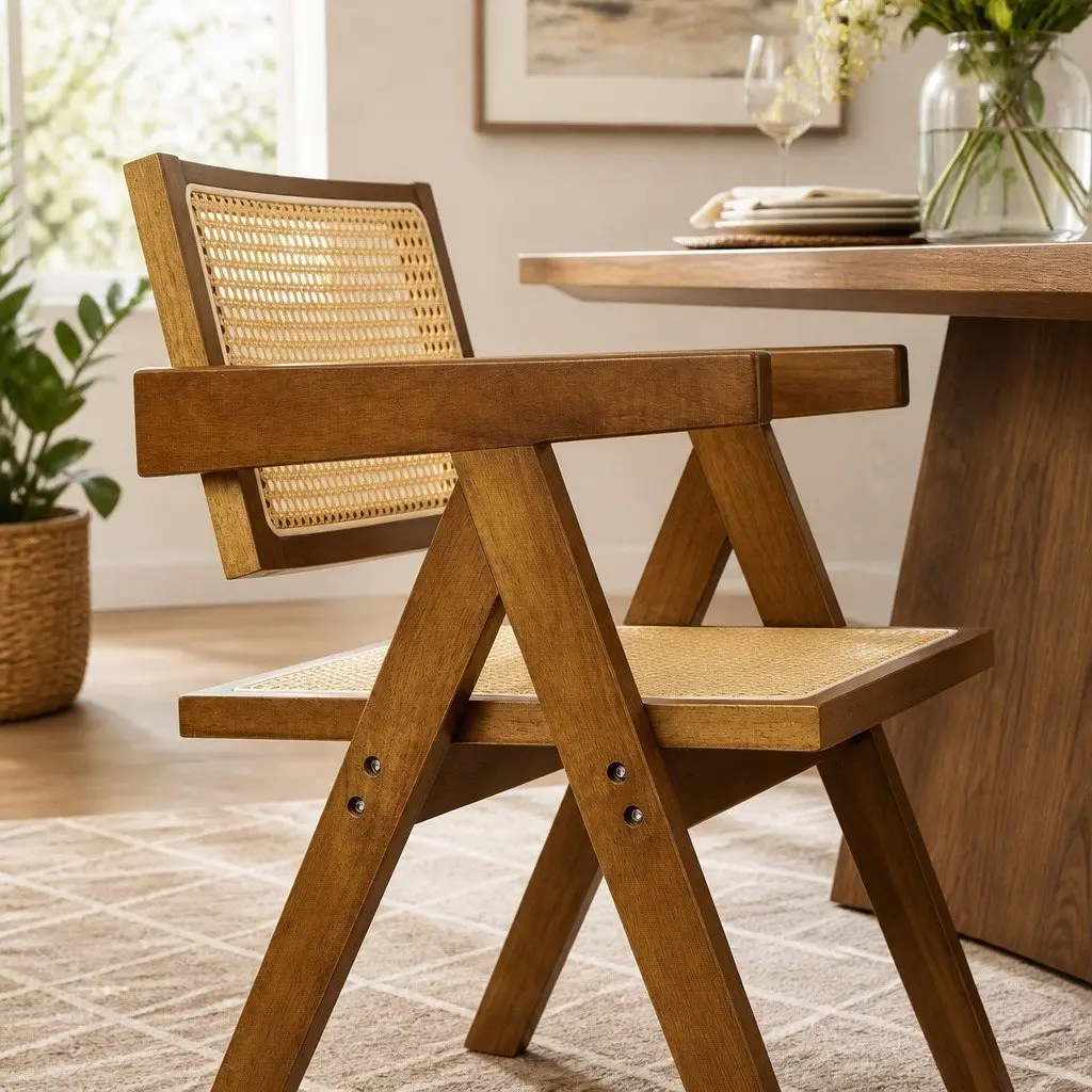 Wicker Armchair Dining Chair Rattan Walnut Wooden Seat Cushion Modern Home