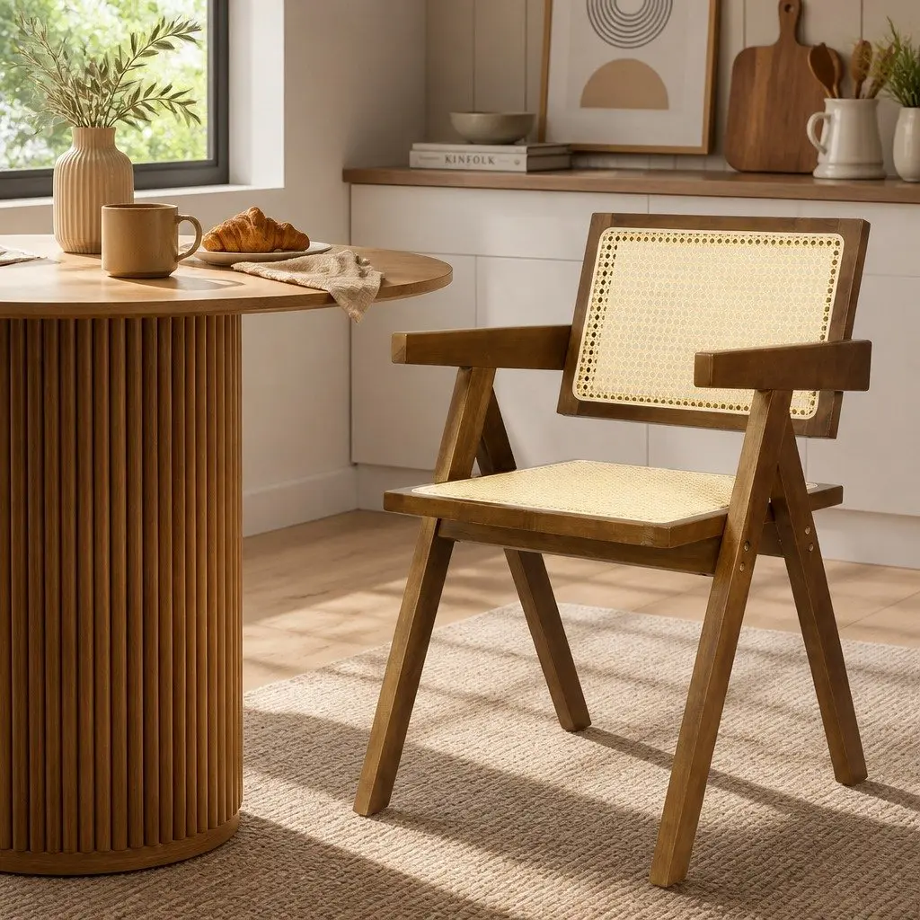 Wicker Armchair Dining Chair Rattan Walnut Wooden Seat Cushion Modern Home