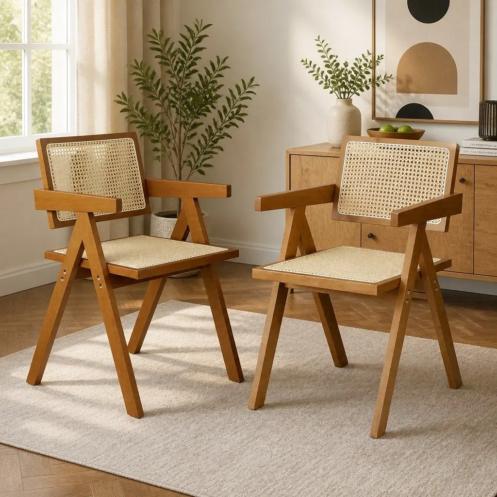 Wicker Armchair Dining Chair Rattan Walnut Wooden Seat Cushion Modern Home
