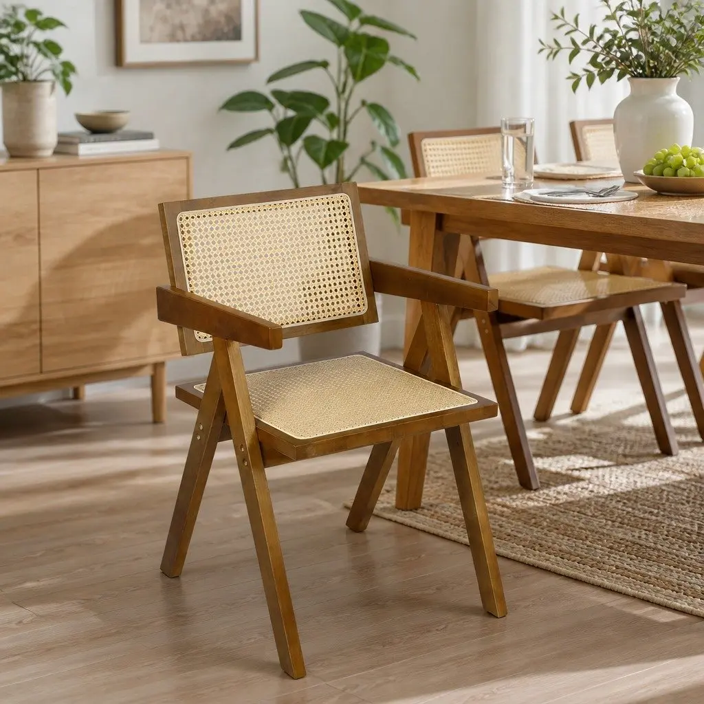 Wicker Armchair Dining Chair Rattan Walnut Wooden Seat Cushion Modern Home