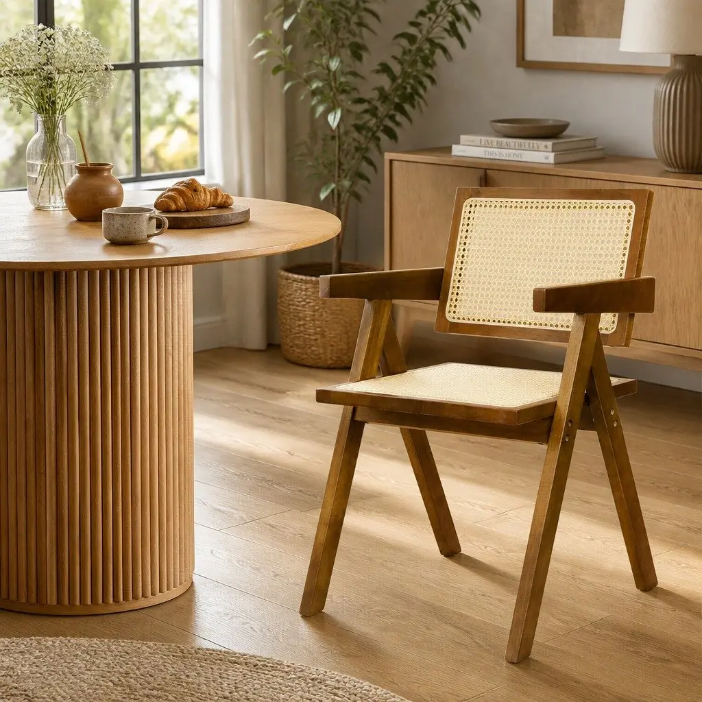 Dining Chair Walnut 4 Piece Rattan Wooden Seat Retro Style