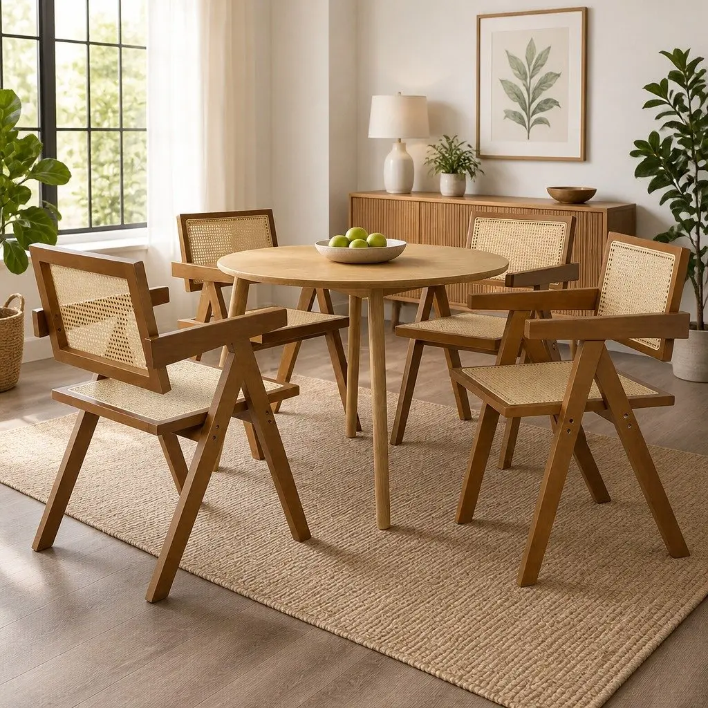 Dining Chair Walnut 4 Piece Rattan Wooden Seat Retro Style