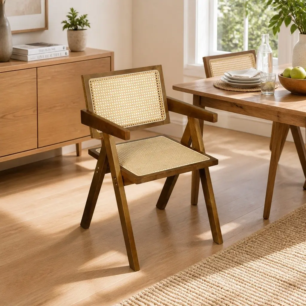 Dining Chair Walnut 4 Piece Rattan Wooden Seat Retro Style