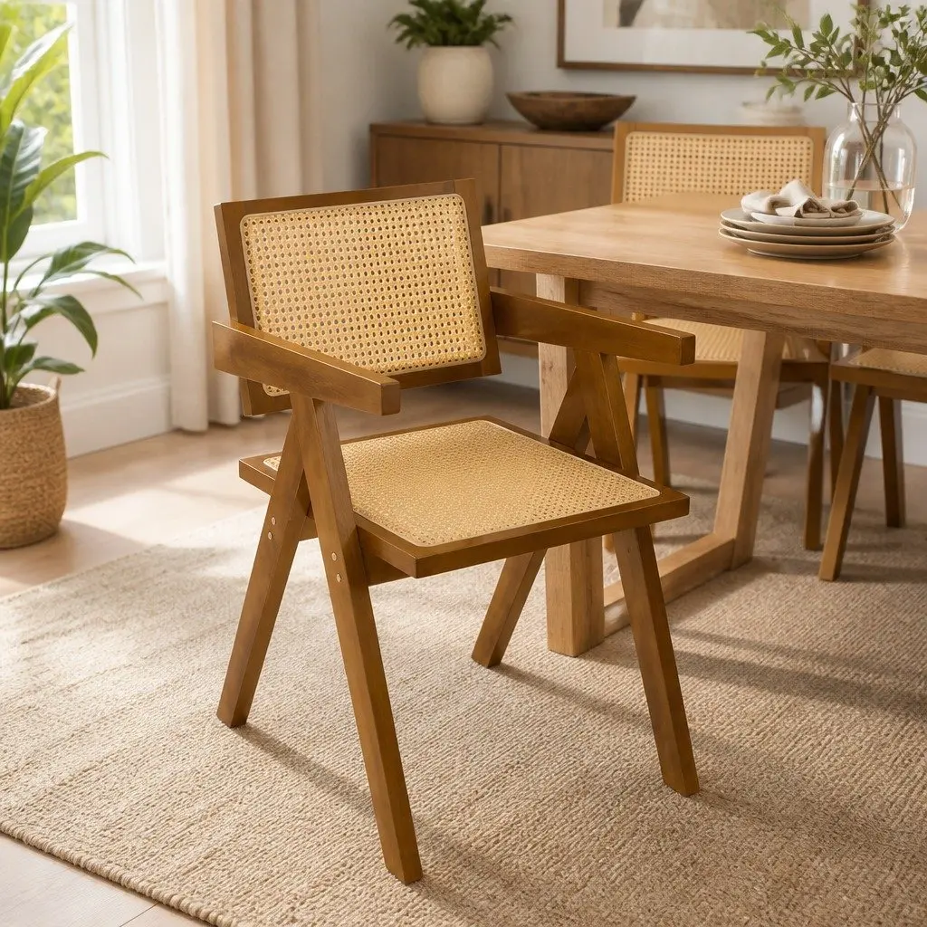 Dining Chair Armchair Rattan Weave Wooden Frame Walnut Retro Kitchen Seat