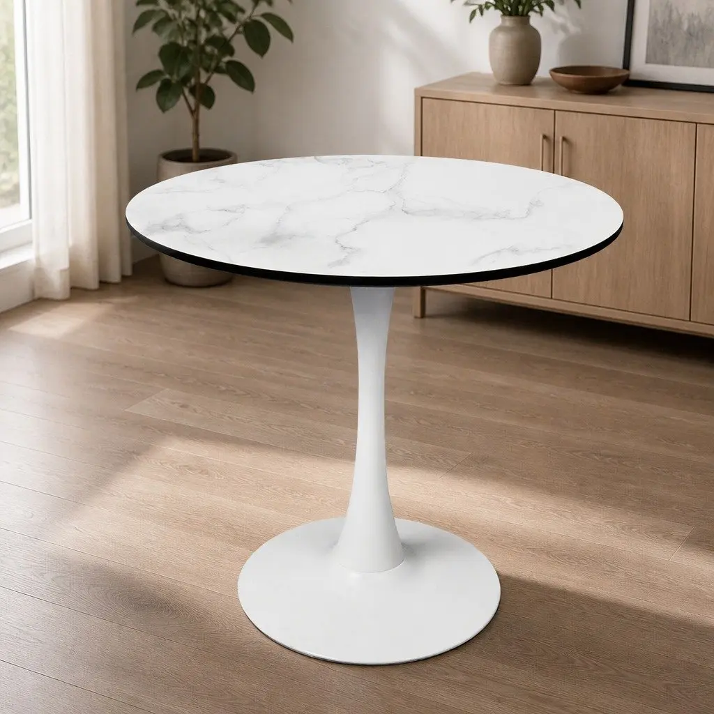 Dining Table White Round 80cm Sturdy Lacquered Wooden Top for Indoor Outdoor Use