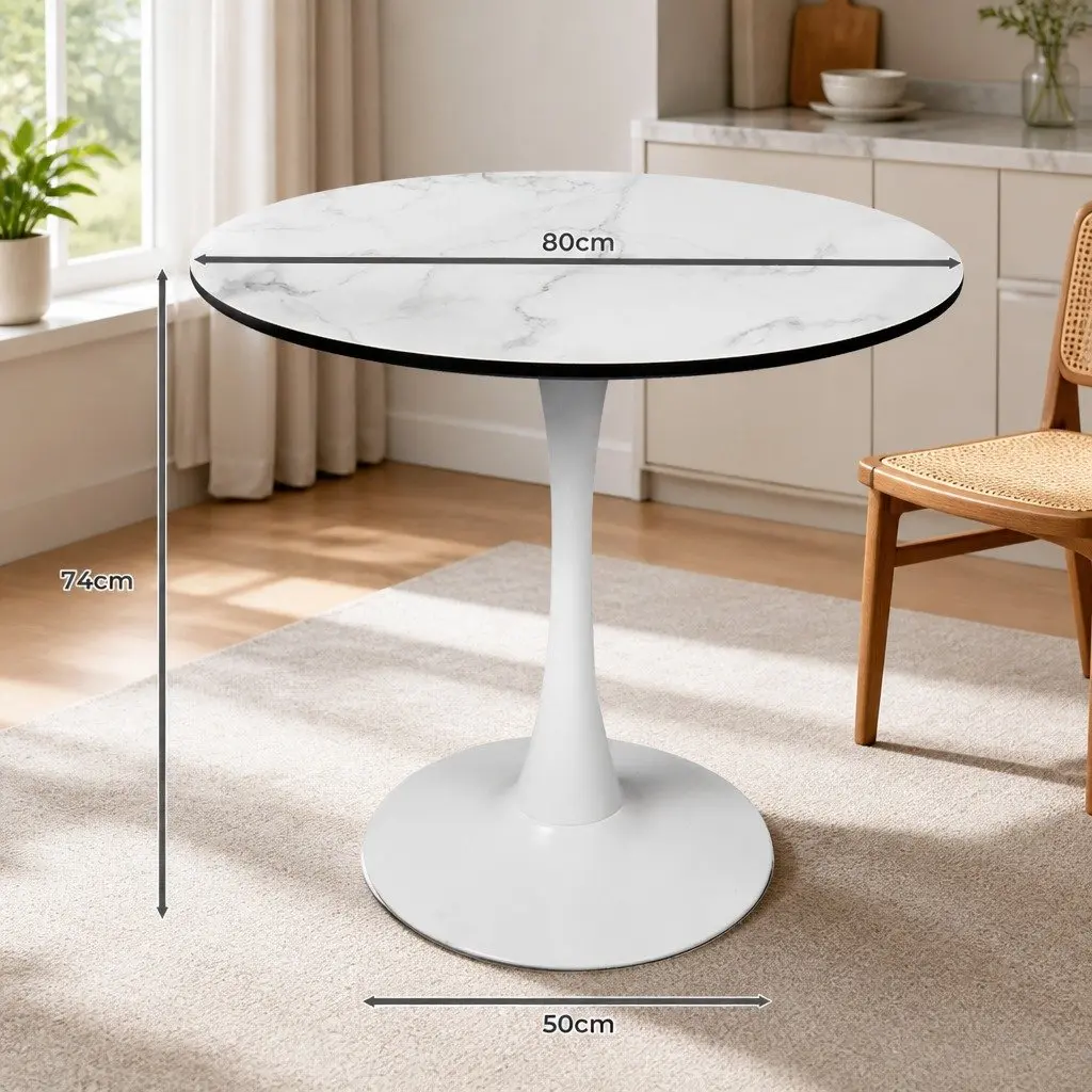 Dining Table White Round 80cm Sturdy Lacquered Wooden Top for Indoor Outdoor Use