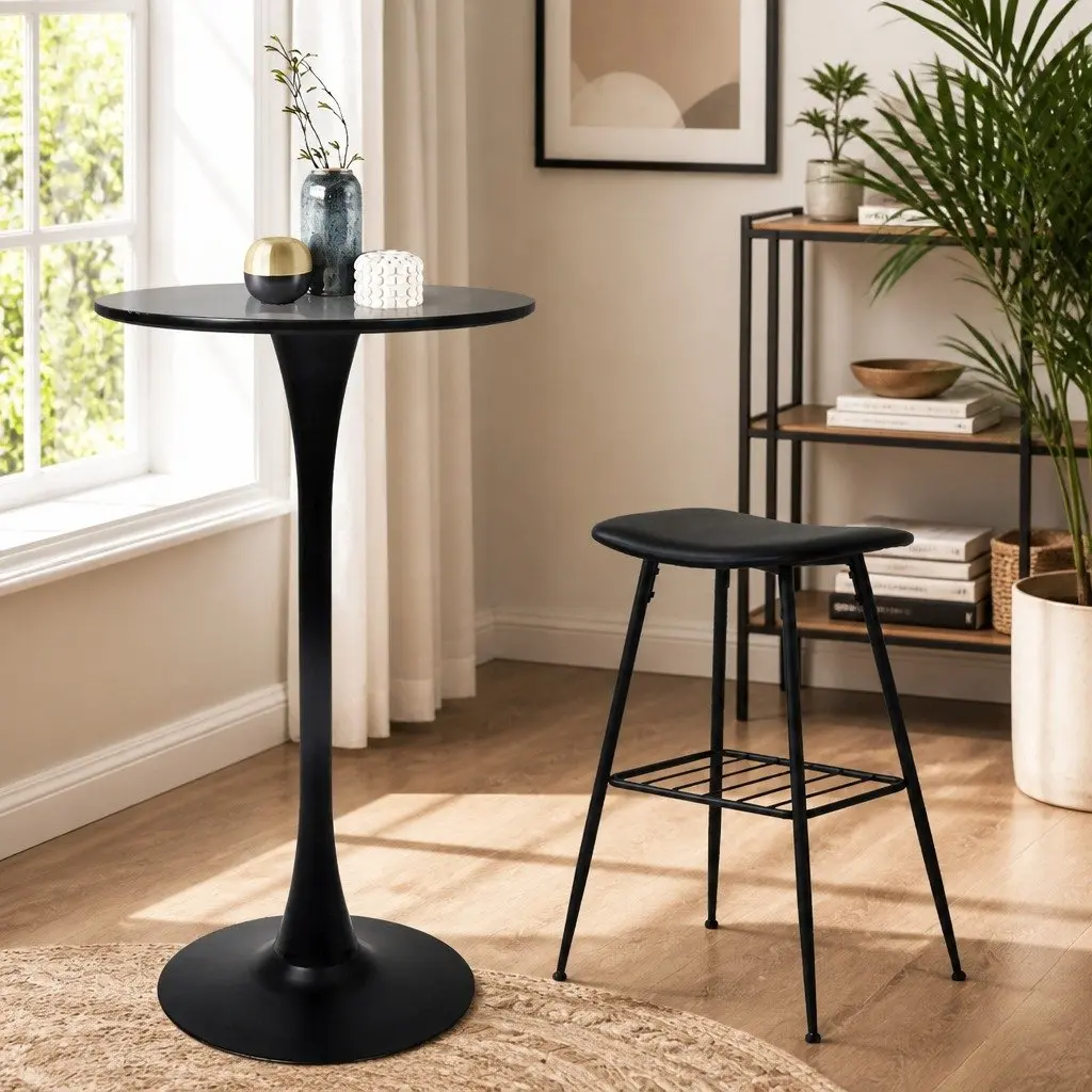 Round Bar Table High Top Pub Tables Gloss Marble Black Pack of 2