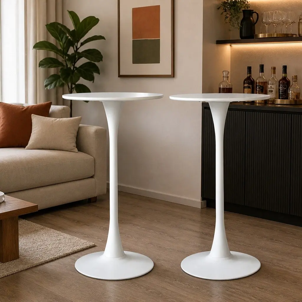 2x Round Bar Table High-Top Pub Tables White Gloss Marble Sturdy Steel Frame