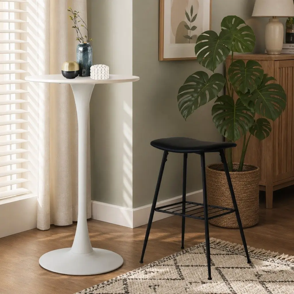 2x Round Bar Table High-Top Pub Tables White Gloss Marble Sturdy Steel Frame