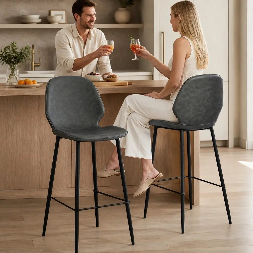 Bar Stools Grey Counter Height High Backrest Curved Seat 2 Piece Set