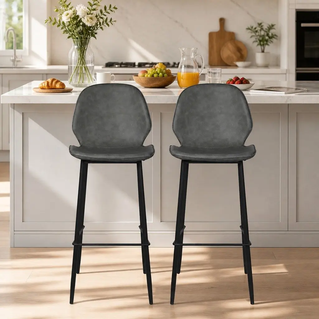 Bar Stools Grey Counter Height High Backrest Curved Seat 2 Piece Set