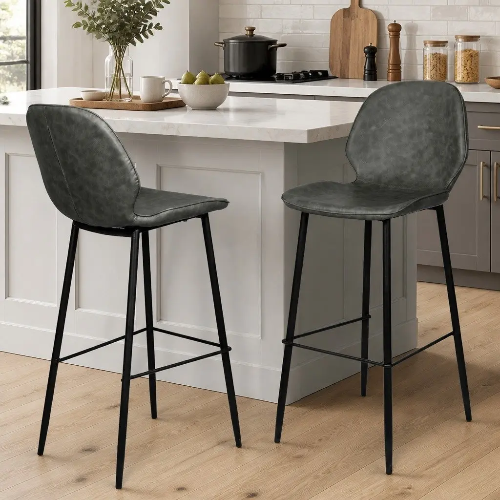 Bar Stools Grey Counter Height High Backrest Curved Seat 2 Piece Set