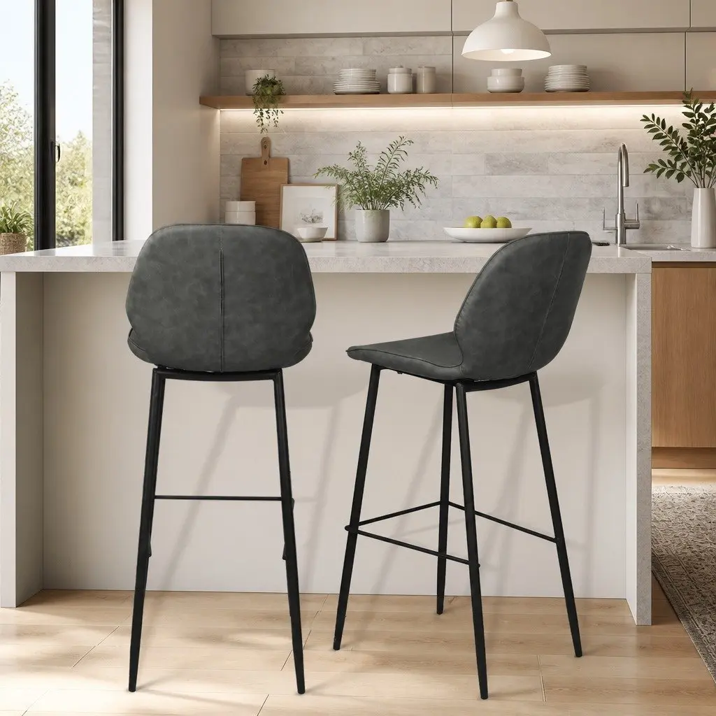 Bar Stools Grey Counter Height High Backrest Curved Seat 2 Piece Set