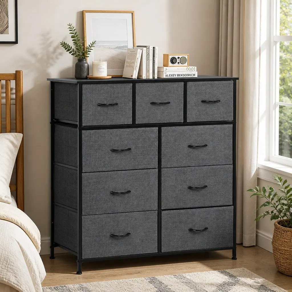 Chest of Drawers Grey 9 Drawer Storage Cabinet Tallboy Dresser Organiser Unit