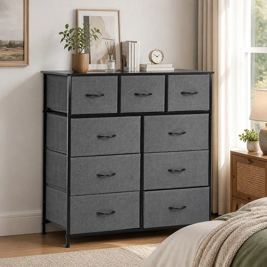 Chest of Drawers Grey 9 Drawer Storage Cabinet Tallboy Dresser Organiser Unit