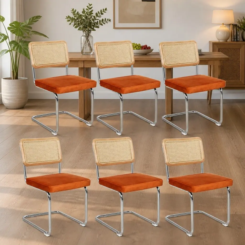 Rattan Dining Chairs Set of 6 Woven PE Backrest Velvet Padded Seat Chrome Frame