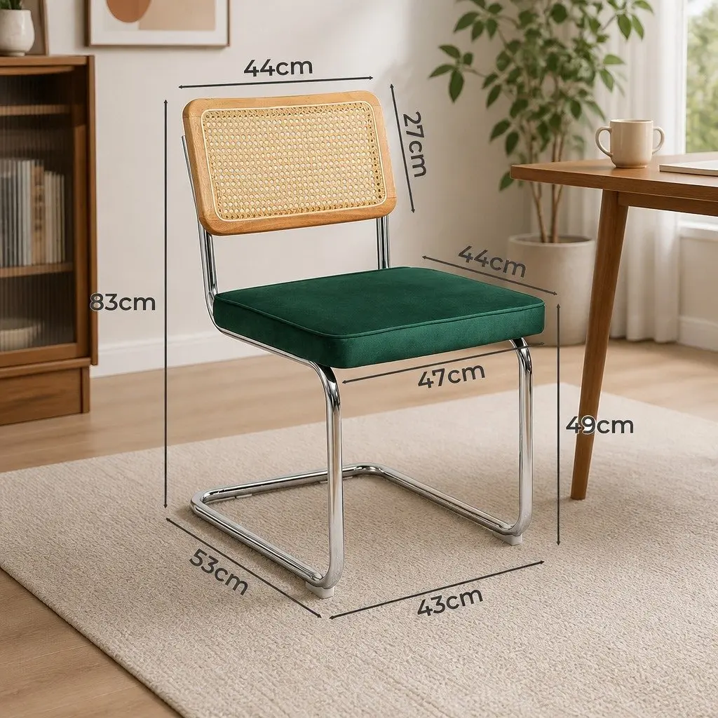Rattan Dining Chairs Natural with Green Set of 4 Cantilever Frame Velvet Padded Seat