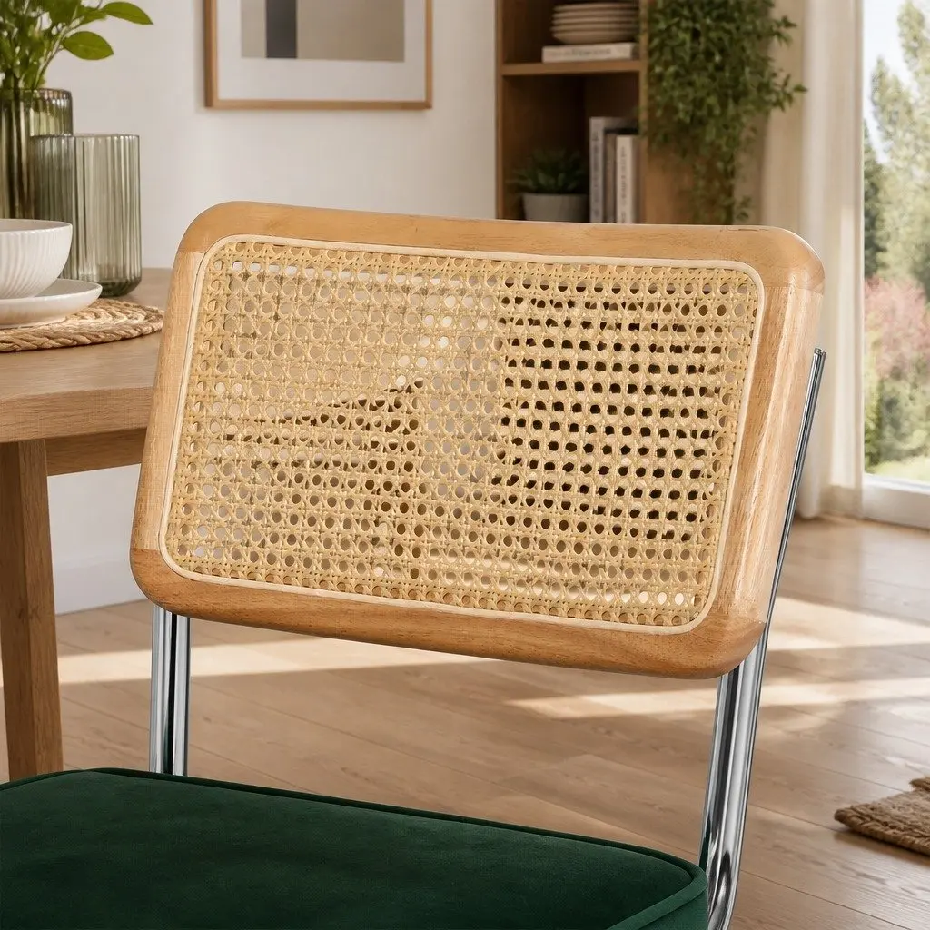 Rattan Dining Chairs Natural with Green Set of 4 Cantilever Frame Velvet Padded Seat