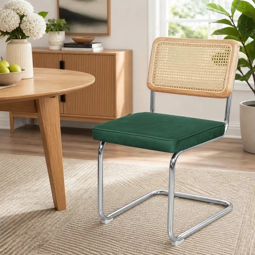 Rattan Dining Chairs Natural with Green Set of 4 Cantilever Frame Velvet Padded Seat