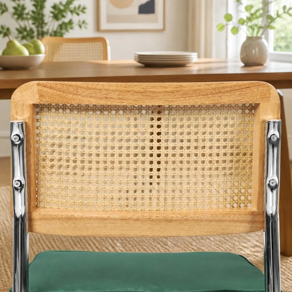 Rattan Dining Chairs Natural and Green 6 Piece Cantilever Steel Frame Woven PE Backrest Velvet Padded Seat