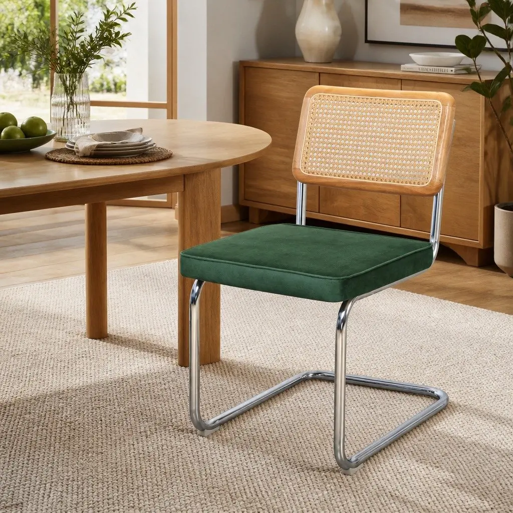 Rattan Dining Chairs Natural and Green 6 Piece Cantilever Steel Frame Woven PE Backrest Velvet Padded Seat