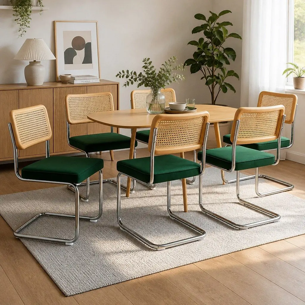 Rattan Dining Chairs Natural and Green 6 Piece Cantilever Steel Frame Woven PE Backrest Velvet Padded Seat