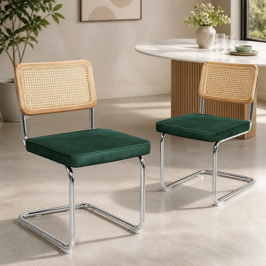 Rattan Dining Chairs Natural and Green 6 Piece Cantilever Steel Frame Woven PE Backrest Velvet Padded Seat