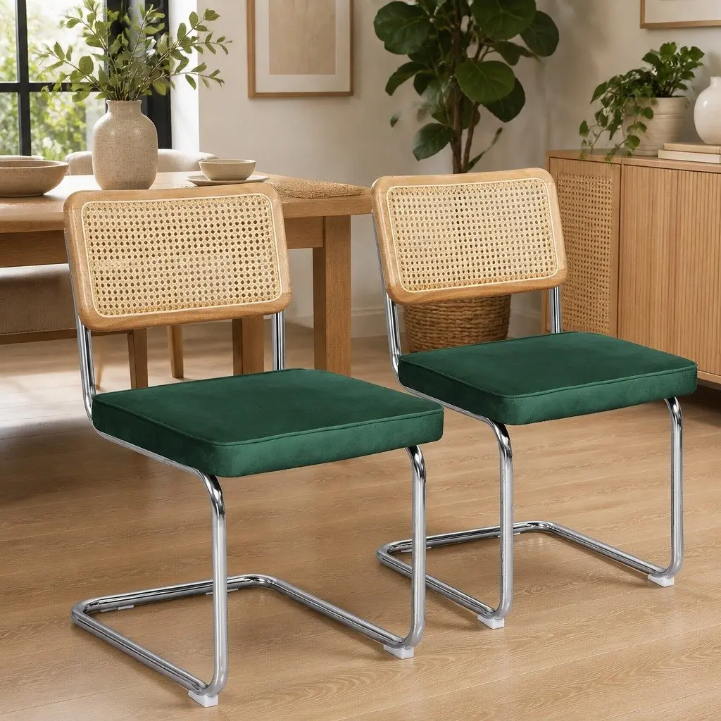 Dining Chairs Green Natural Rattan Backrest Padded Seat Steel Frame 2 Piece