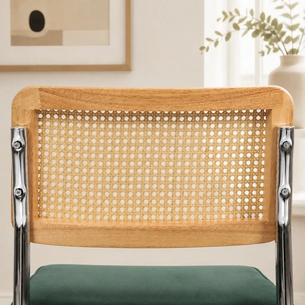 Dining Chairs Green Natural Rattan Backrest Padded Seat Steel Frame 2 Piece
