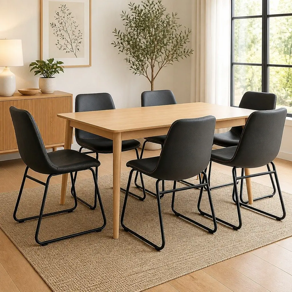 Dining Chairs Black Set of 6 Retro Kitchen Seat Faux Leather Moulded Ergonomic