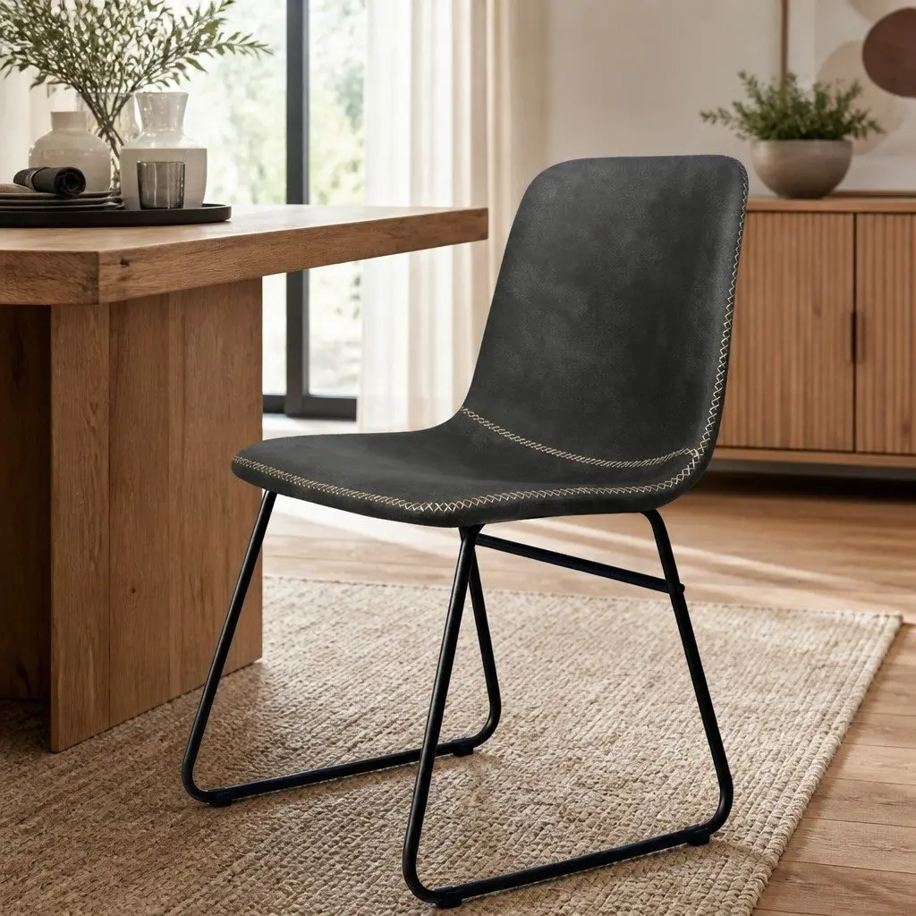 Dining Chairs Black Set of 8 Retro Style Faux Leather Moulded Seat