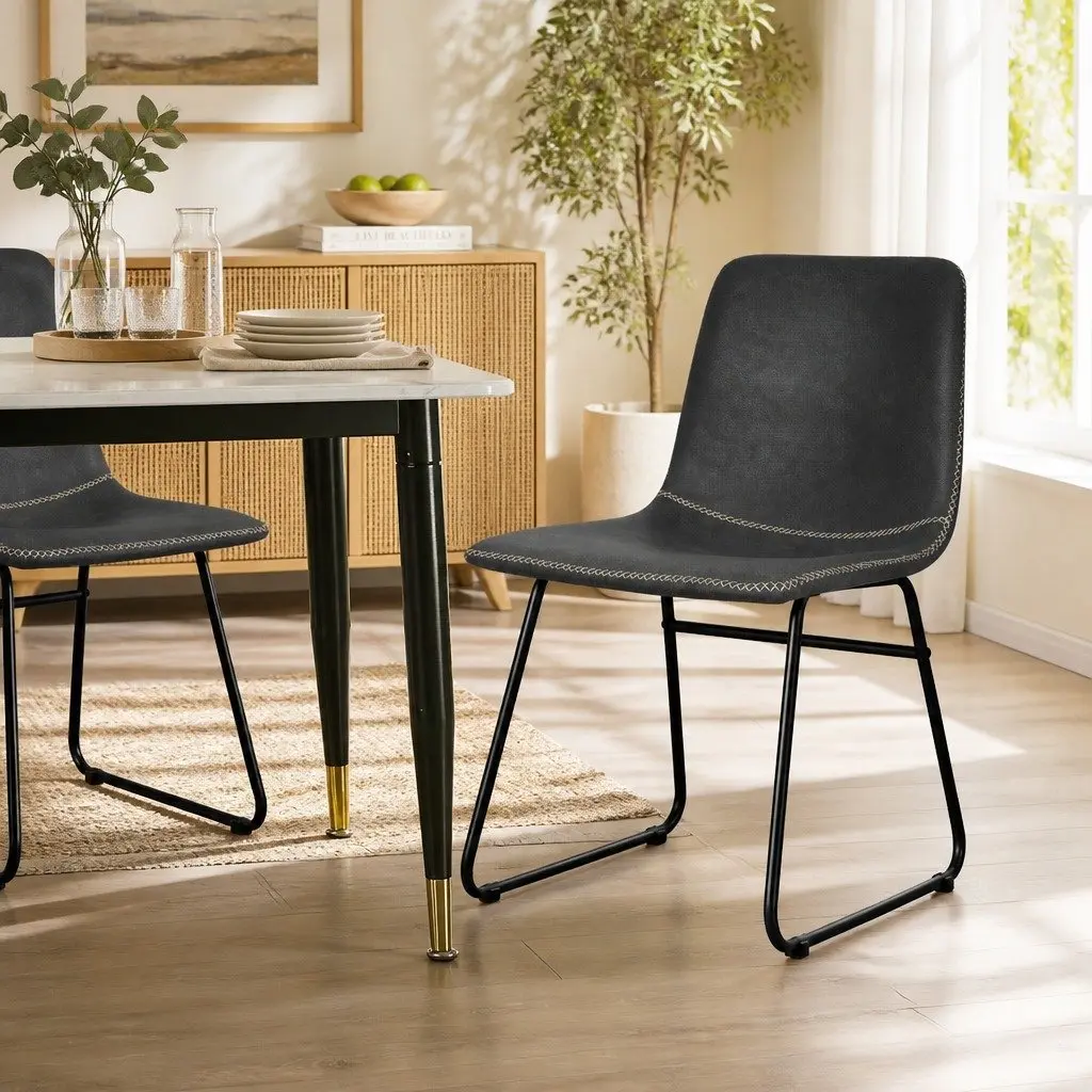 Dining Chairs Black Set of 8 Retro Style Faux Leather Moulded Seat