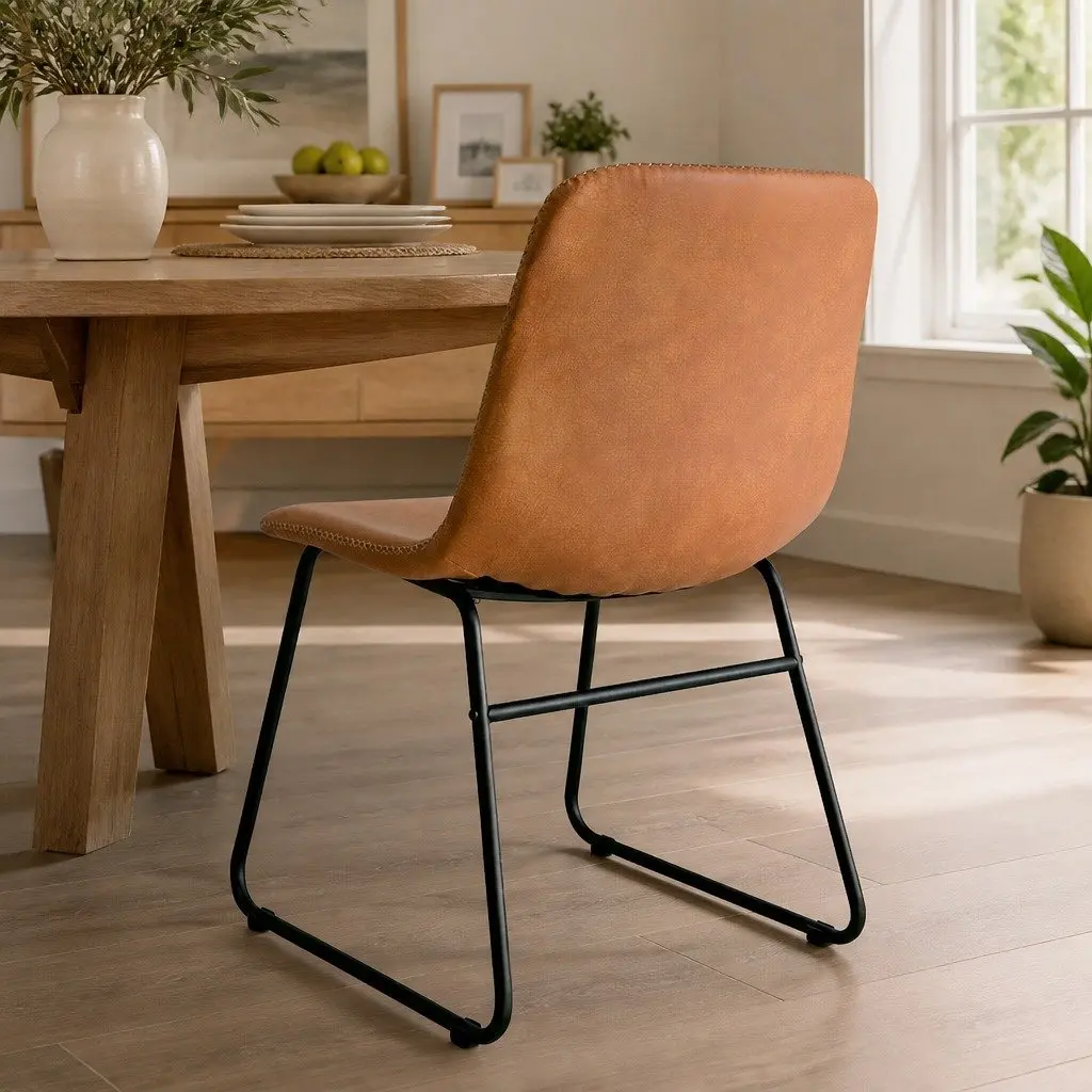 Dining Chairs Brown Set of 2 Retro Kitchen Seat Faux Leather Sleigh Legs
