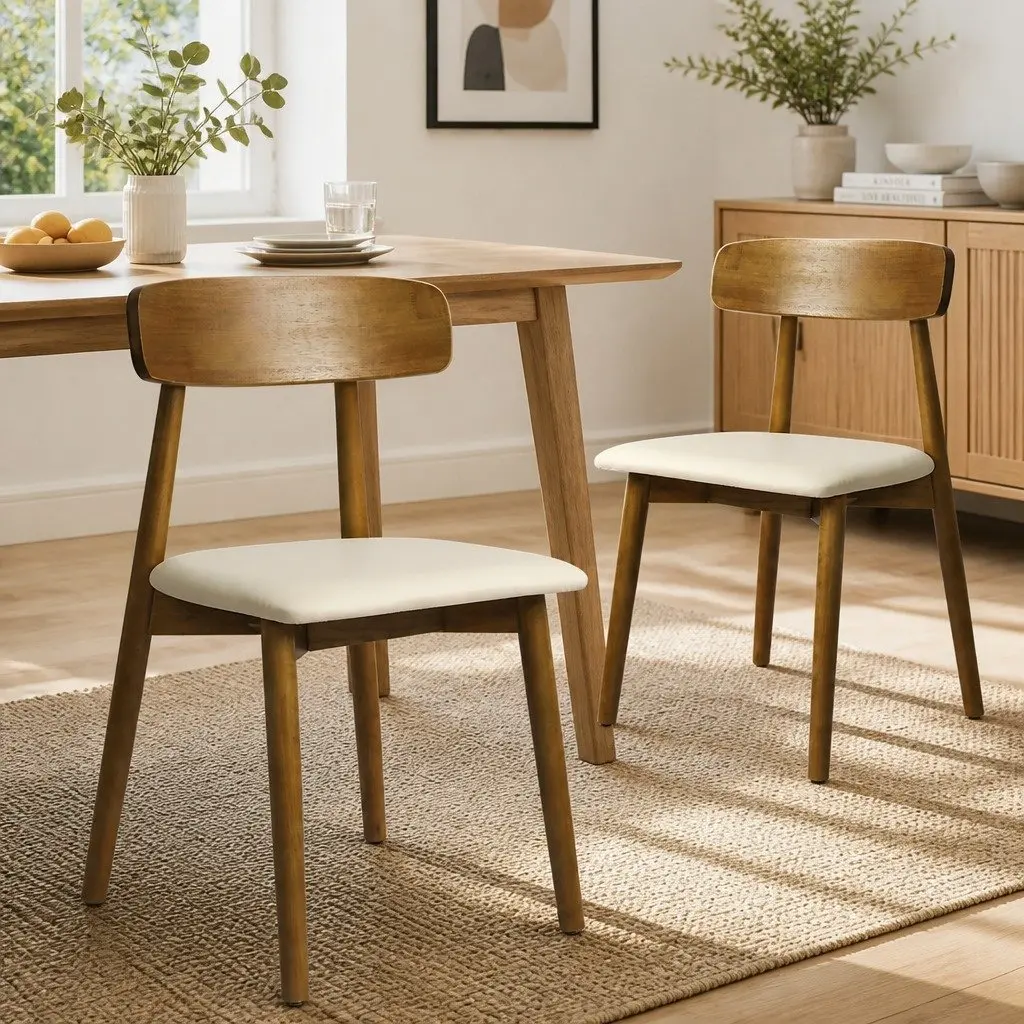 Dining Chairs Walnut Set of 4 Ergonomic Curved Backrest PU Leather Cushion