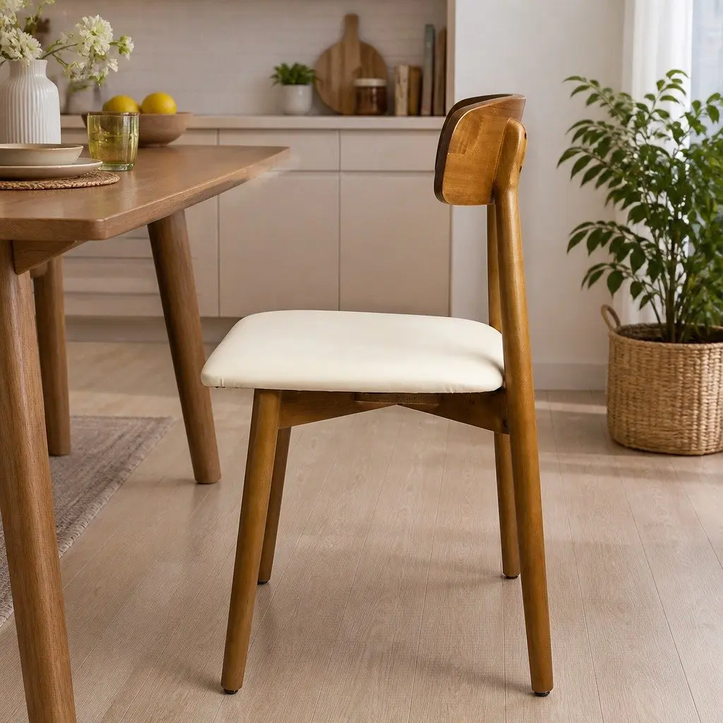 Dining Chairs Walnut Set of 6 Ergonomic Curved Backrest PU Leather Cushioned Seat Rubber Wood Frame
