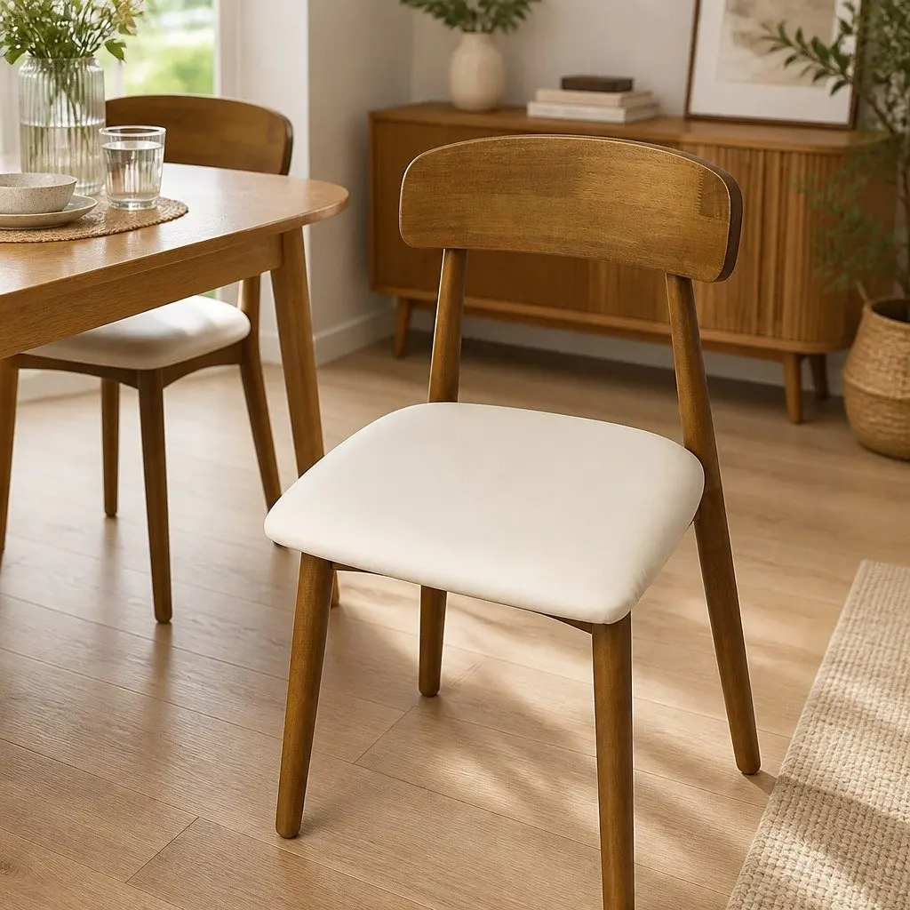 Dining Chairs Walnut Set of 6 Ergonomic Curved Backrest PU Leather Cushioned Seat Rubber Wood Frame