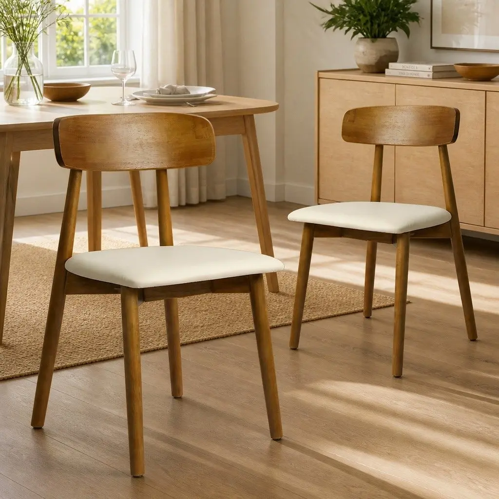 Dining Chairs Walnut Set of 6 Ergonomic Curved Backrest PU Leather Cushioned Seat Rubber Wood Frame