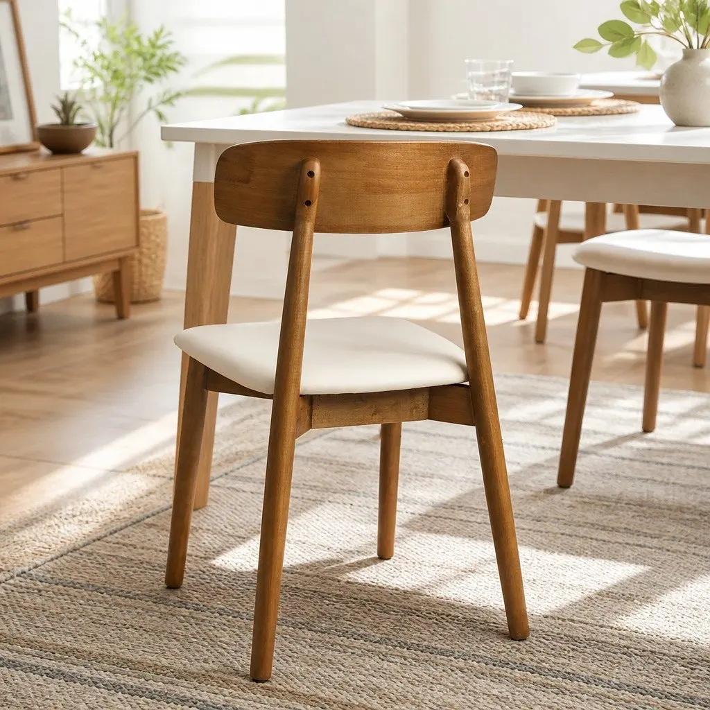 Dining Chairs Walnut Set of 8 Ergonomic Curved Backrest PU Leather Cushioned Seat Rubber Wood Frame