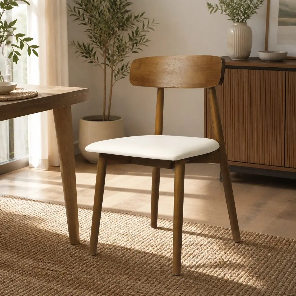 Dining Chairs Walnut Set of 8 Ergonomic Curved Backrest PU Leather Cushioned Seat Rubber Wood Frame